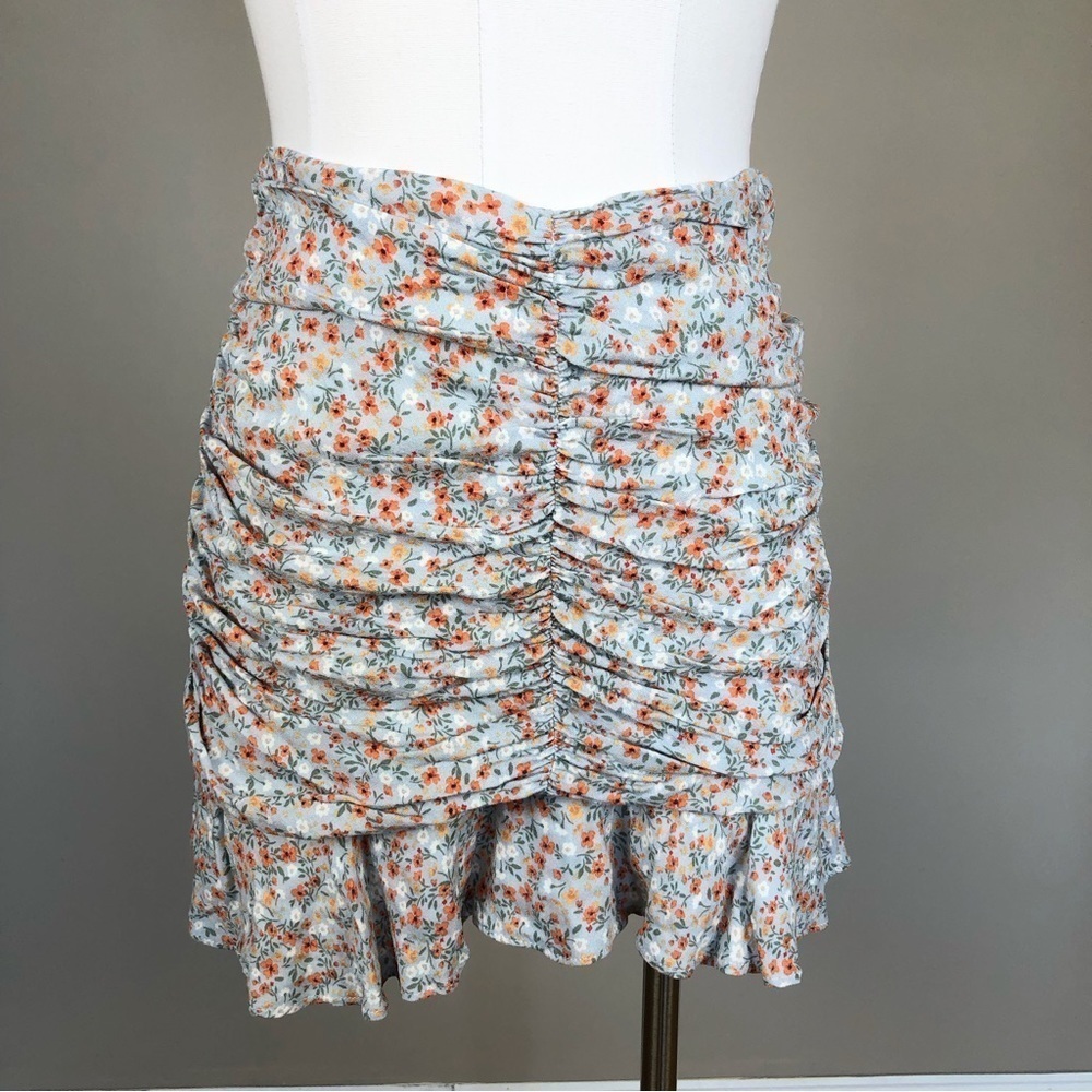 Olivaceous Ruched Floral Mini Skirt - Blue and Orange